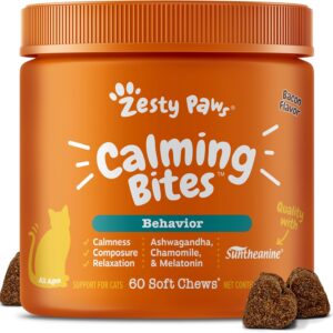 Zesty Paws Calming Chews for Cats - Composure & Relaxation for Everyday Stress & Separation - with Ashwagandha, Organic Chamomile, L-Theanine & L-Tryptophan – Bacon - 60 Count - Cat