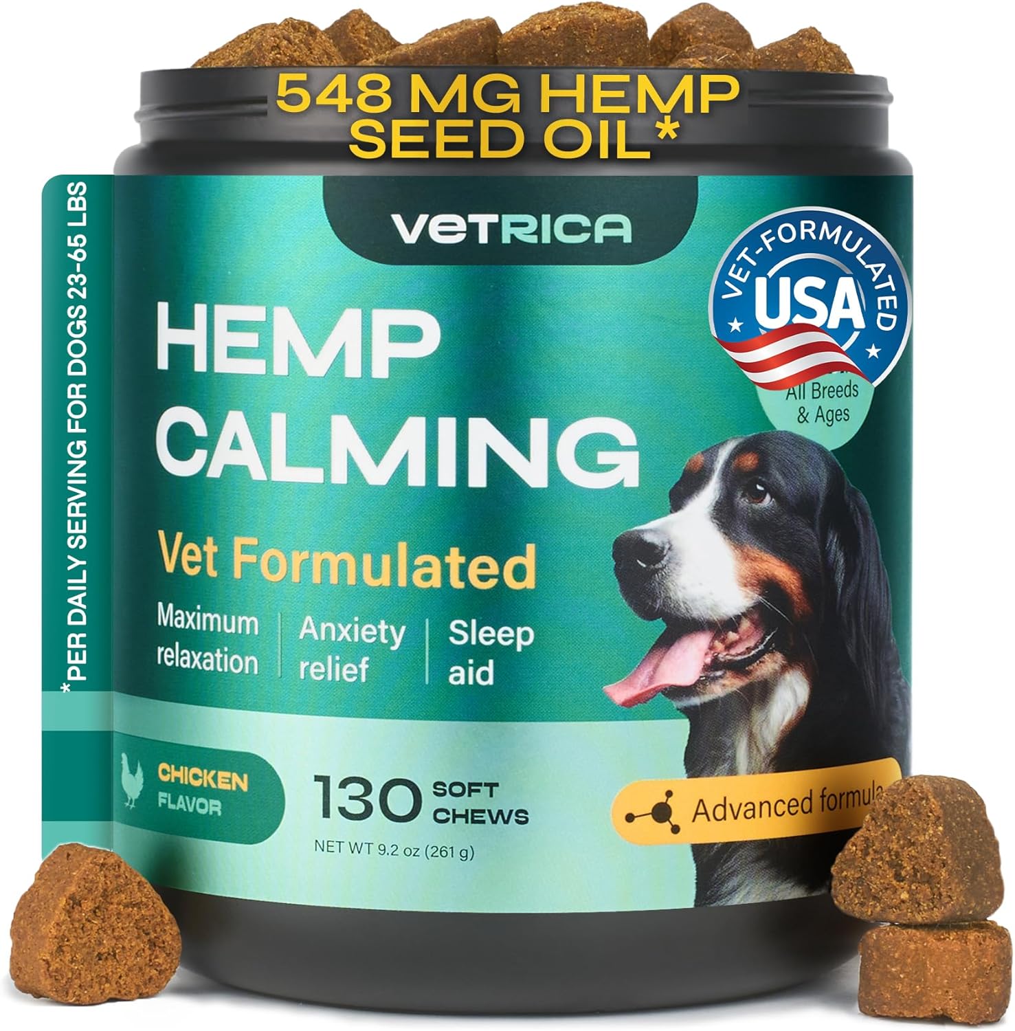 Dog Calming Chews with Hemp - 17,810 mg Hemp Oil per Pack - Soft Calming Chews for Dogs with Melatonin - Relaxation Support for Travel, Grooming, Separation, Thunder, Fireworks - 130 Chicken Bites