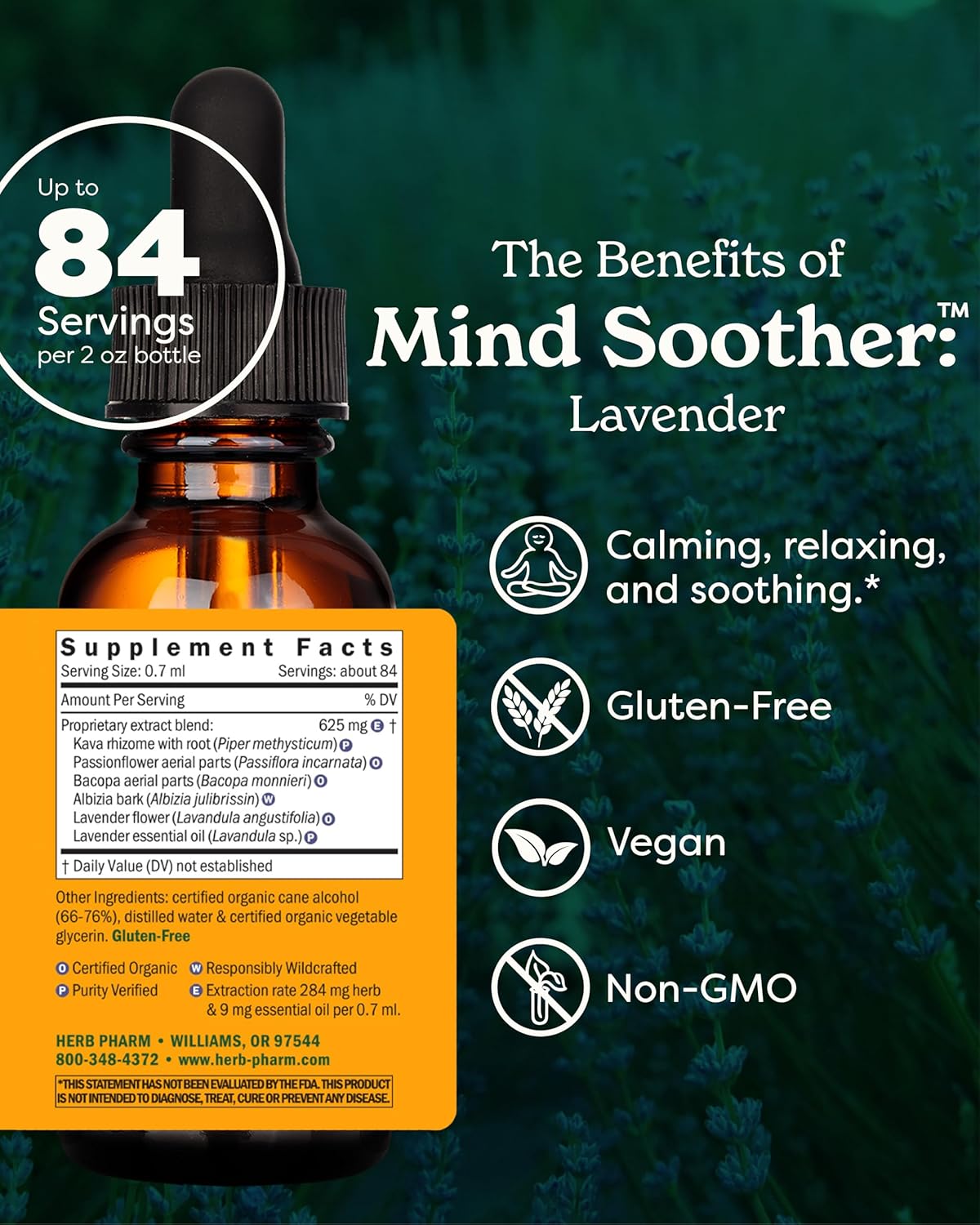 Herb Pharm Mind Soother: Lavender Liquid Herbal Formula with Noble Kava & Lavender Essential Oil for Nervous System Support, Calming & Relaxing, Vegan, Gluten-Free, Non-GMO, Up to 6 Week Supply, 2 oz - Image 2
