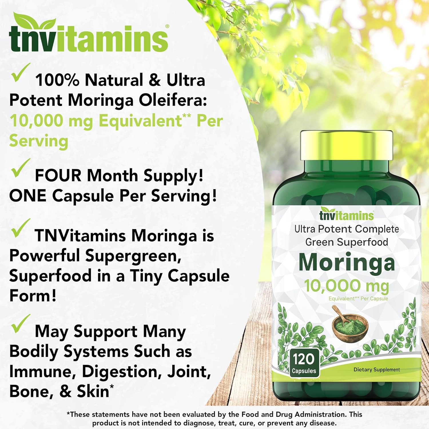 tnvitamins Moringa Capsules 10,000 mg - 120 Capsules | High Potency Moringa Leaf Extract Superfood Supplement for Energy, Vitality & Antioxidant Support - Image 3