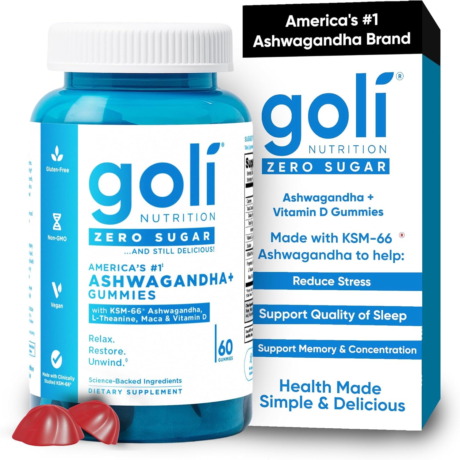 Goli Zero Sugar Ashwagandha & Vitamin D, Maca, L-Theanine Gummies, No Artificial Sweeteners, No Sugar Alcohols. Mixed Berry, KSM-66, Vegan, Plant Based, Non-GMO, Gluten-Free & Gelatin Free. (1)