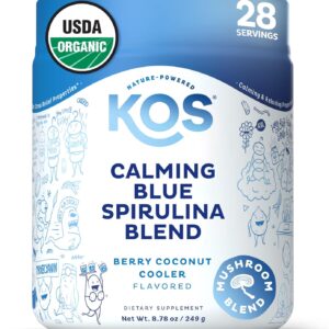 KOS Calming Blue Spirulina Blend- USDA Certified Organic - Algae Superfood Powder with Ashwagandha Root, Lemon Balm, Reishi Mushroom, B Vitamins - Berry Coconut Cooler Flavor, 28 Servings