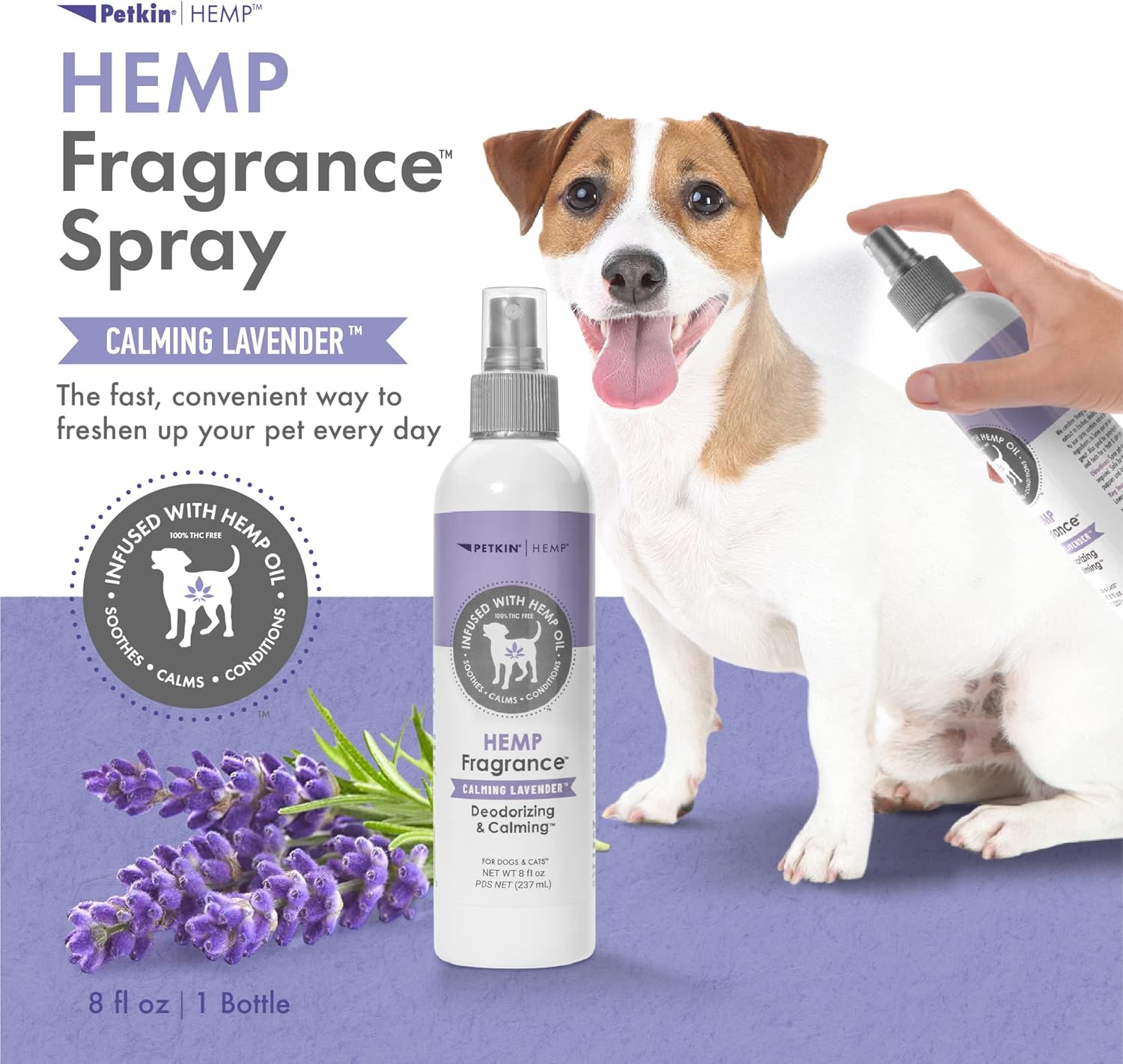 Petkin Hemp Fragrance for Dogs and Cats - with Hemp Oil & Calming Lavender Extract, 8 oz - Soothes, Calms & Conditions - Keeps Pet Smelling Great - for Home, Travel & Use on Pet Bedding - Image 2