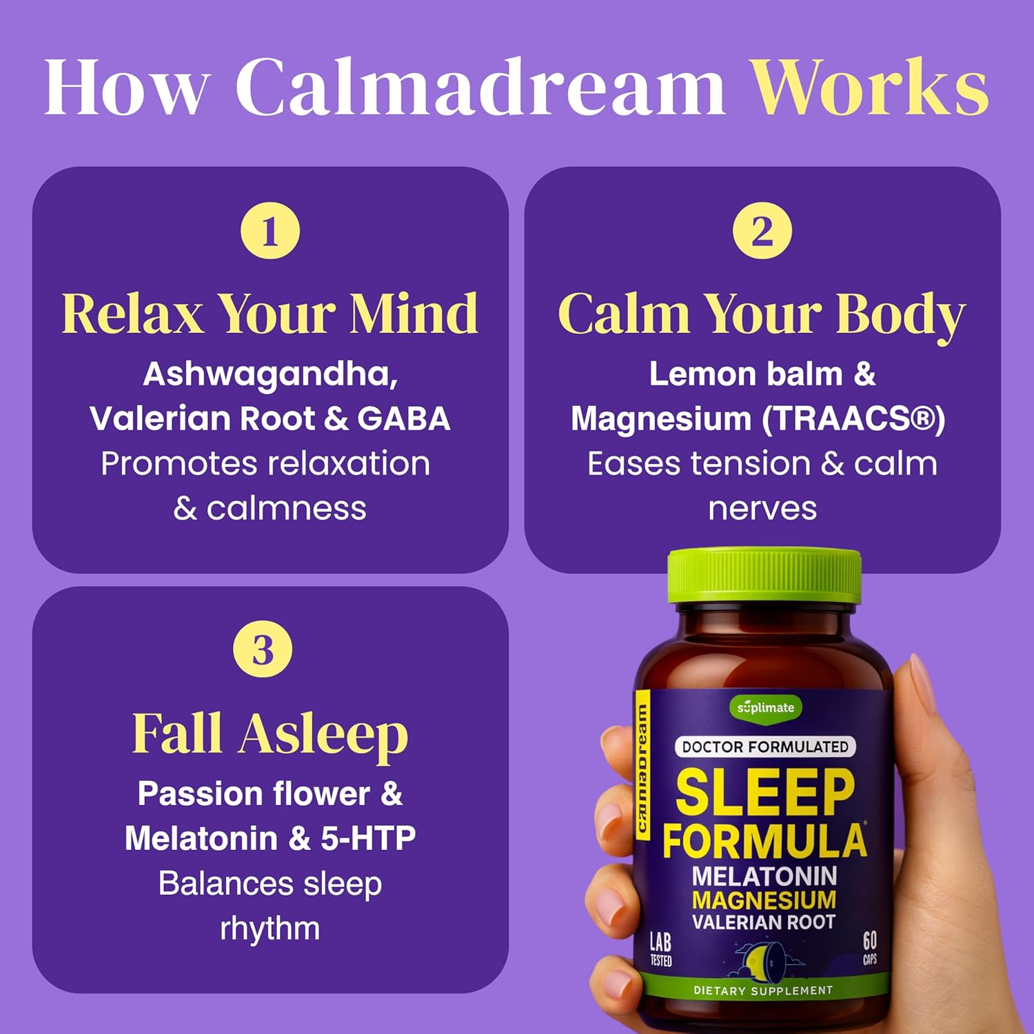 9-in-1 Melatonin Sleep Aid for Adults - USA Made, Lab Tested with Melatonin 5mg and 108mg Magnesium for Sleep - TRAACS, Ashwagandha, Valerian Root, GABA, 5HTP, Herbal Sleep Supplement, Vegan, 60 Caps - Image 2