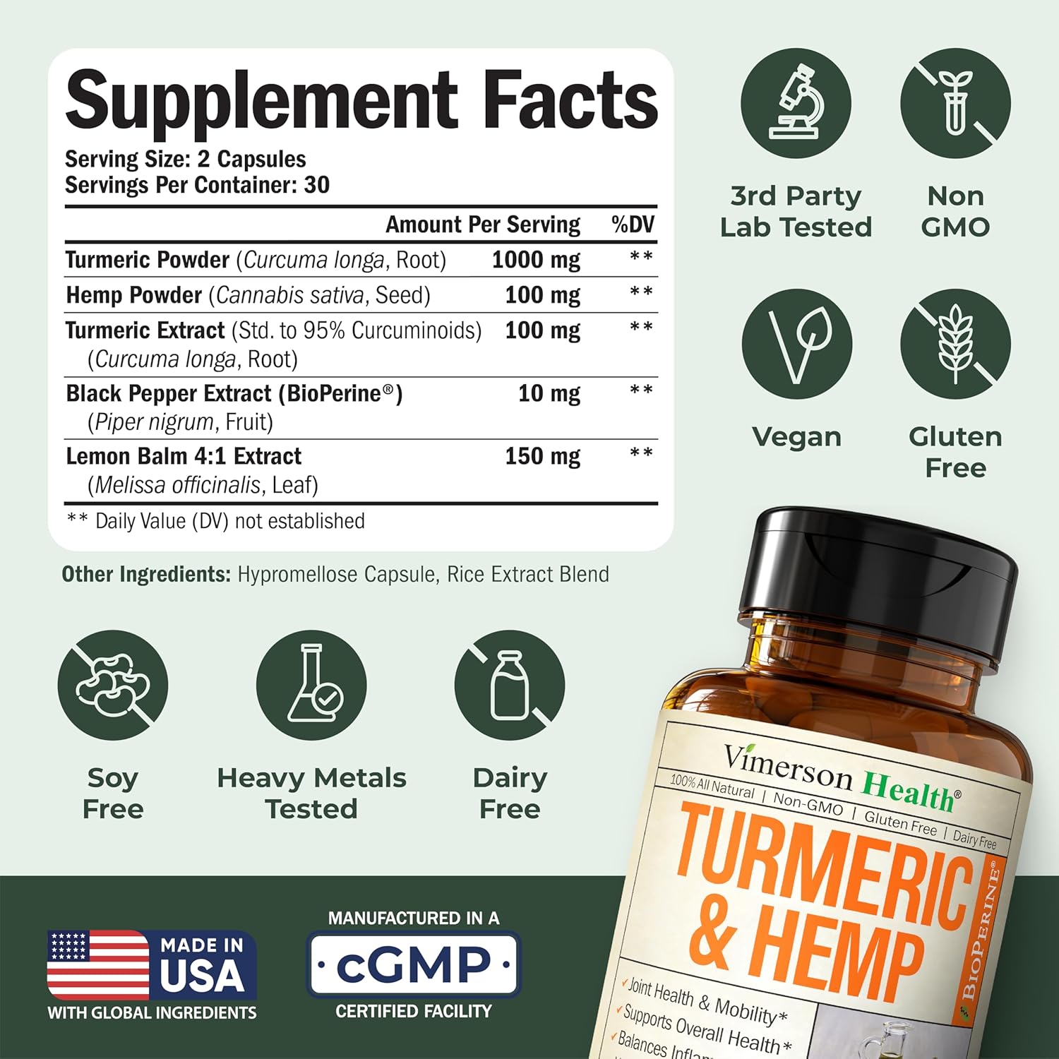Turmeric Curcumin Supplement with Hemp Seeds & Lemon Balm Extract – Joint Health & Mobility – with Black Pepper for Absorption – Natural Joint Supplement for Men & Women - Image 3