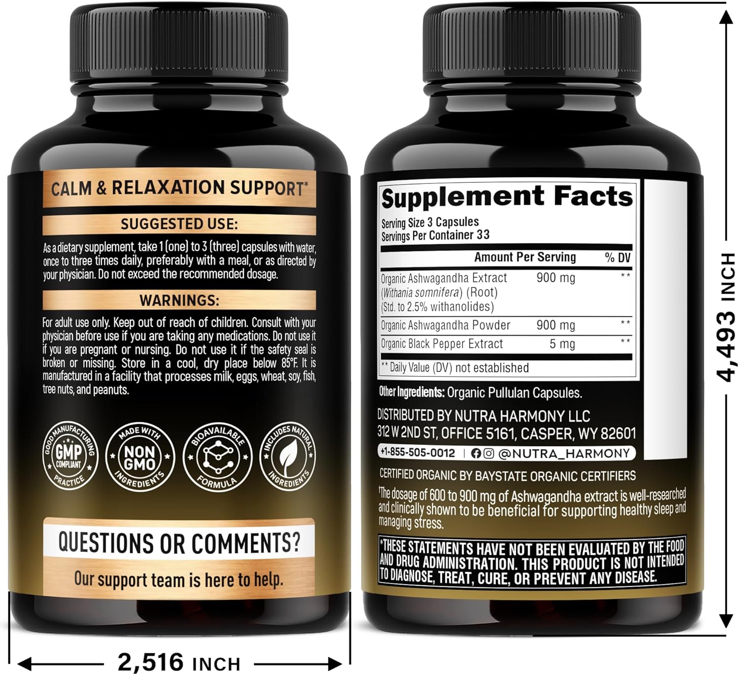 Ashwagandha Supplements 1800mg - USDA Organic Ashwagandha for Women & Men - Clinically Effective Strength for Stress Relief & Sleep - Powder & Root Extract 2.5% Withanolides - Made in USA 100 Capsules - Image 2
