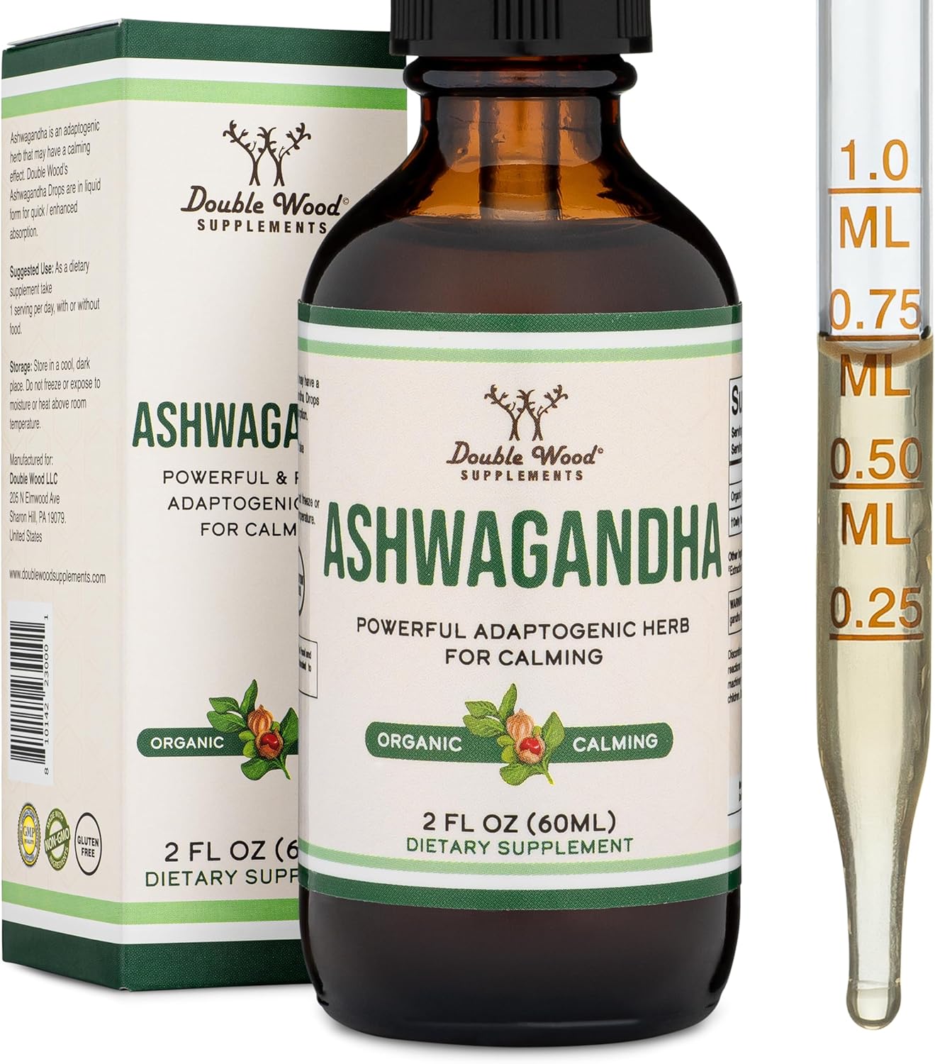Ashwagandha Organic Drops for Stress Relief (1,200mg, 60 Servings) Ashwagandha Tincture for Adrenal Support and Cortisol Manager (Vegan Safe, Gluten Free, Non-GMO) by Double Wood