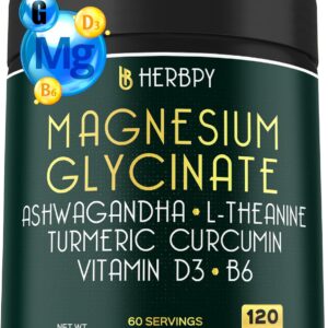 Herbpy 6in1 Restful Day and Night Supplement with Magnesium Glycinate, Vitamin D3, B6, L-Theanine, Ashwagandha and Turmeric Root - Brain, Heart and Digestive Health Support - 120 Vegan Capsules