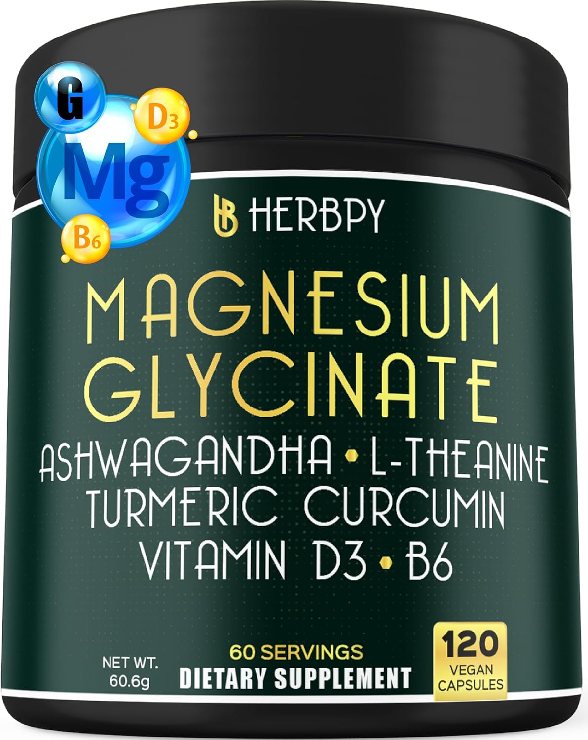Herbpy 6in1 Restful Day and Night Supplement with Magnesium Glycinate, Vitamin D3, B6, L-Theanine, Ashwagandha and Turmeric Root - Brain, Heart and Digestive Health Support - 120 Vegan Capsules
