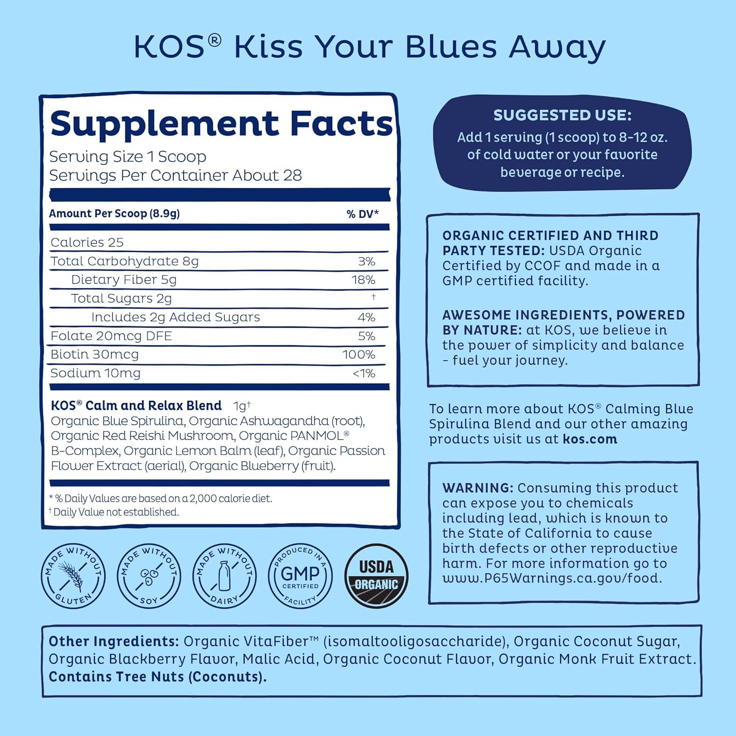 KOS Calming Blue Spirulina Blend- USDA Certified Organic - Algae Superfood Powder with Ashwagandha Root, Lemon Balm, Reishi Mushroom, B Vitamins - Berry Coconut Cooler Flavor, 28 Servings - Image 3