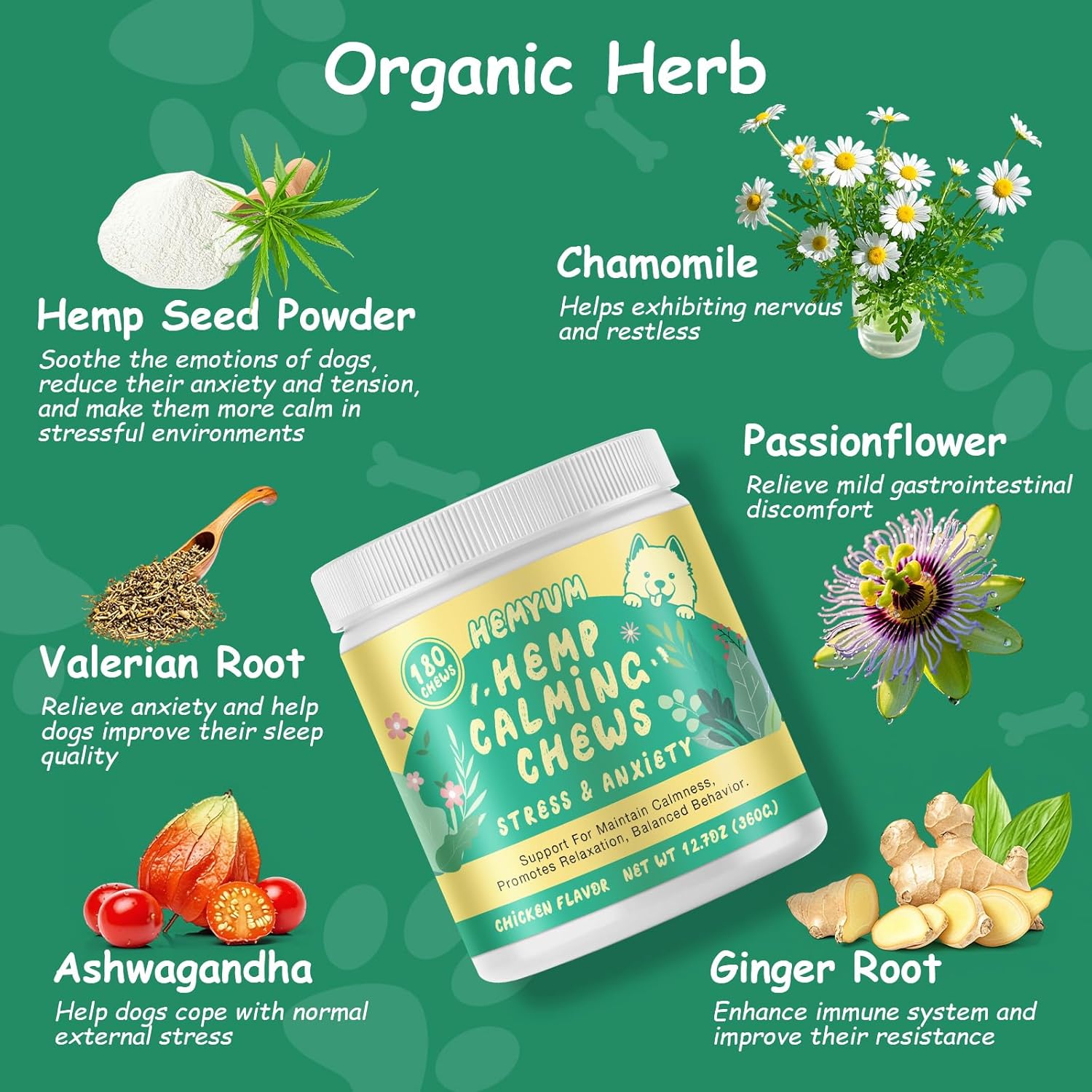 Неmр Calming Chews for Dogs, Anxiety Relief, Sleep Calming Aid, Health & Wellness Supplements for Dog Separation Barking, Chicken Flavor, 180 Chews for All Breeds Ages - Image 5