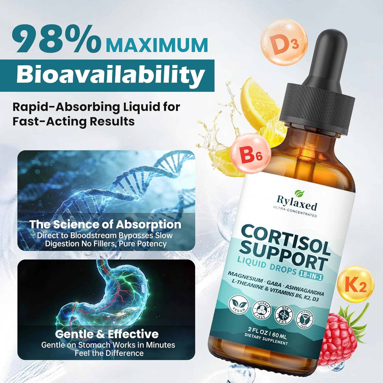 Cortisol Supplements for Women & Men, 18 in 1 Stress & Mood Support Drops with Magnesium 480mg, GABA, Ashwagandha, L-Theanine & Phosphatidylserine, for Relaxation & Sleep, Lemon Raspberry Flavor 60mL - Image 4