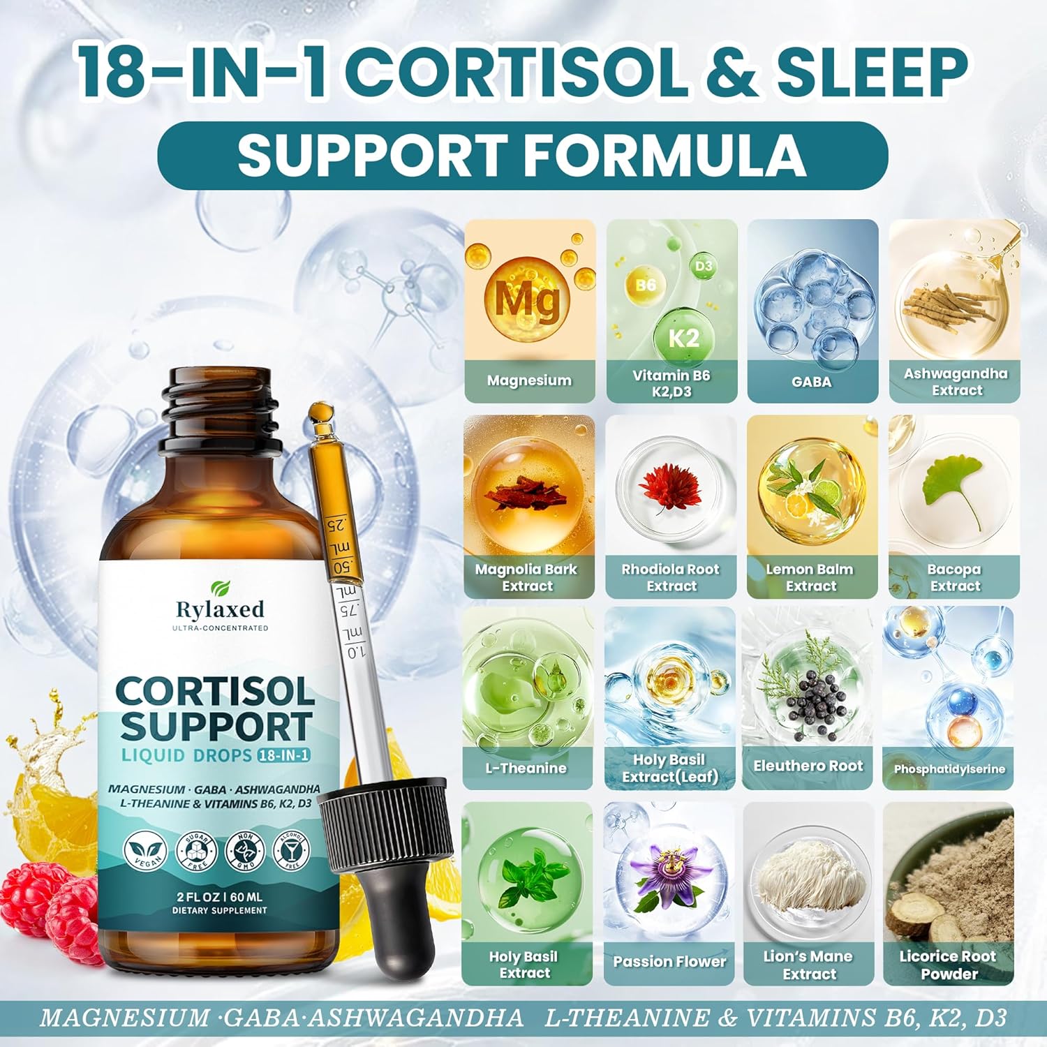 Cortisol Supplements for Women & Men, 18 in 1 Stress & Mood Support Drops with Magnesium 480mg, GABA, Ashwagandha, L-Theanine & Phosphatidylserine, for Relaxation & Sleep, Lemon Raspberry Flavor 60mL - Image 2