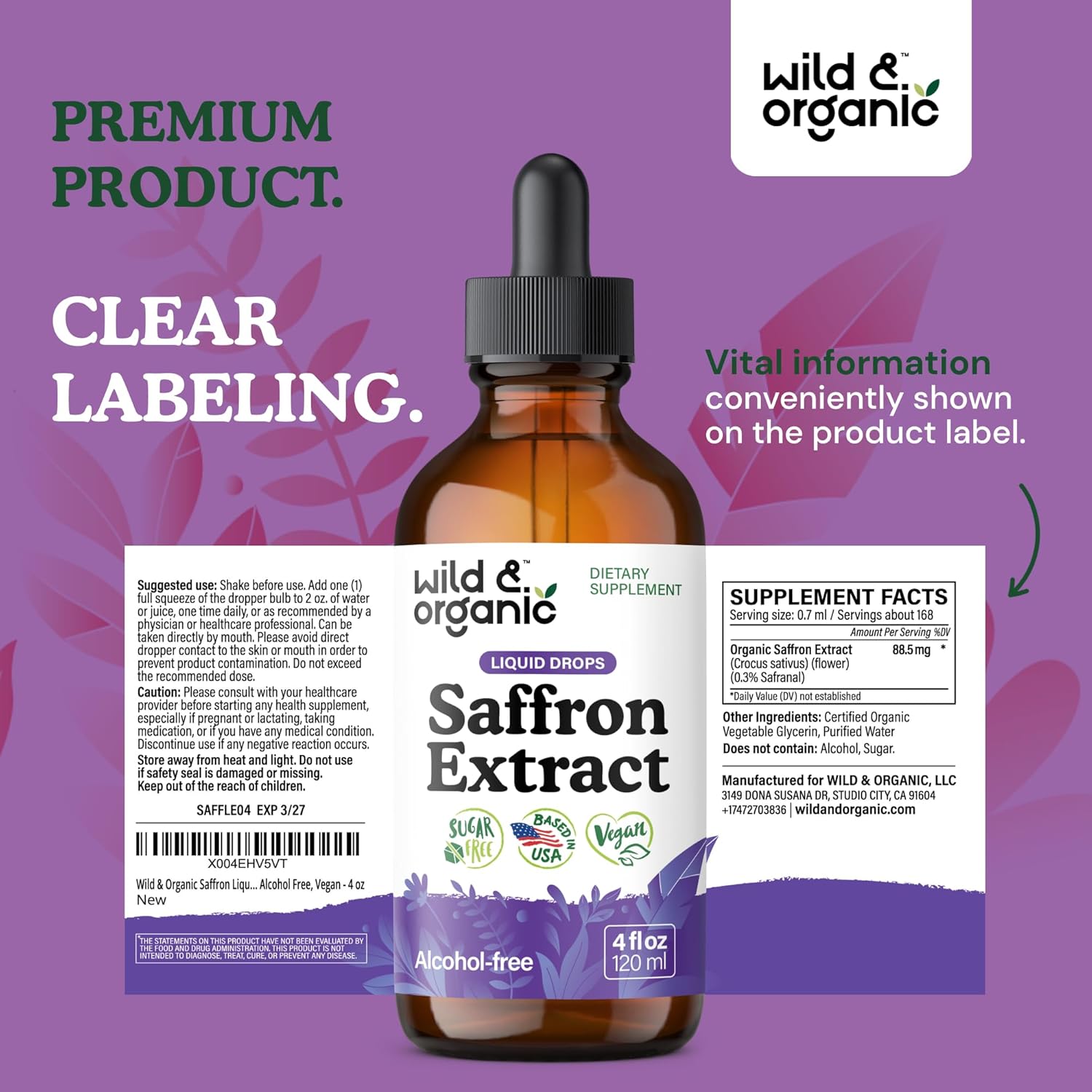 Wild & Organic Saffron Supplements 88.5 mg - Mood, Focus & Eye Support - Saffron Extract Liquid Drops - Add to Tea - 5-Month Supply - Crocus Sativus Herb - Vegan, Sugar & Alcohol-Free Tincture - 4 oz - Image 9