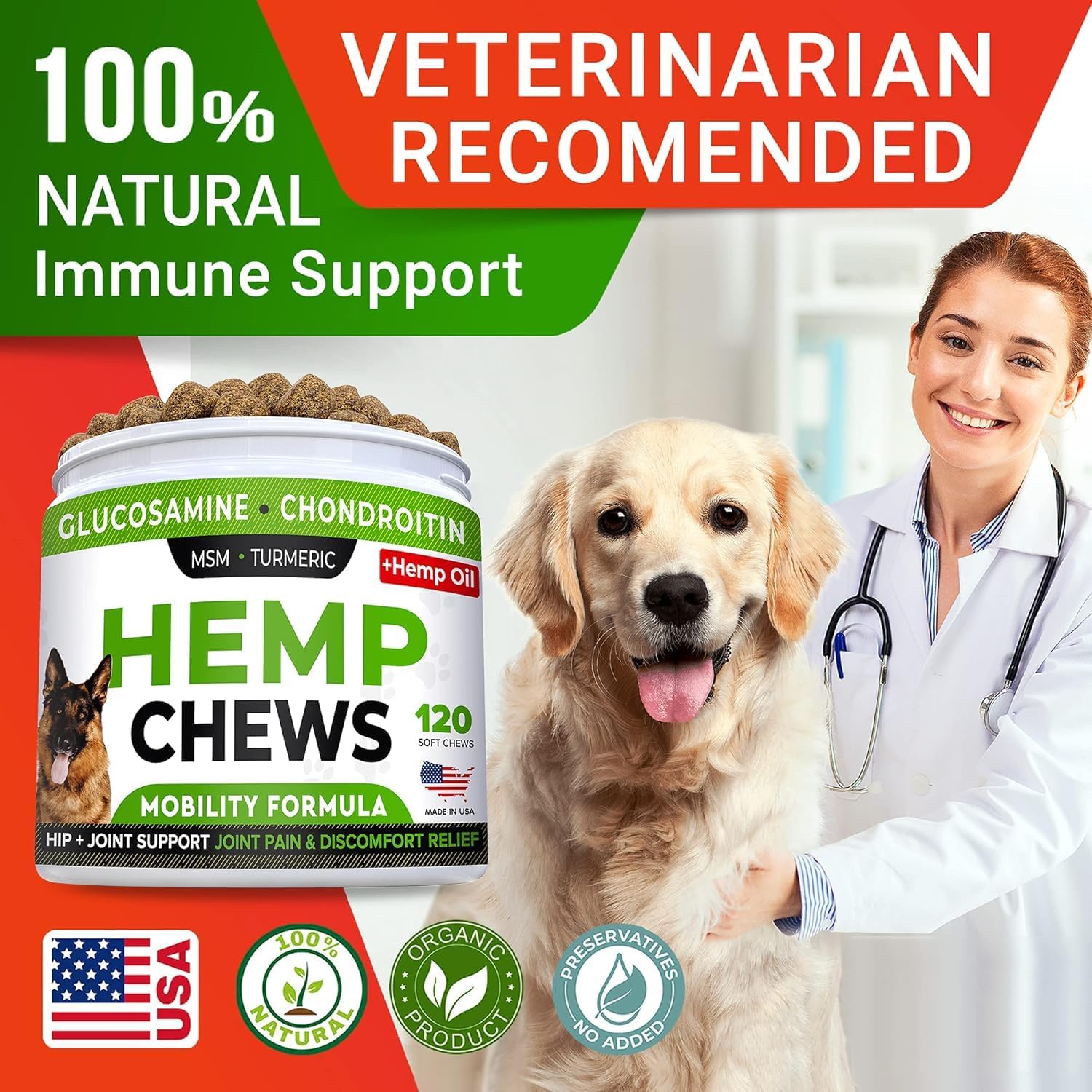 Glucosamine for Dogs w/Chondroitin - Hip & Joint Supplement for Dogs w/Omega-3 Fish Oil - Chondroitin MSM - Advanced Mobility Chews - Joint Pain Relief - Hip & Joint Care - Made in USA (120Ct) - Image 7