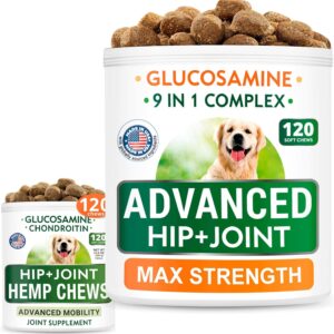Senior Advanced Glucosamine + Glucosamine w/Hemp Bundle - Old Dog Joint Pain Relief + Natural Joint Pain Relief - Supplement w/MSM, Chondroitin, Omega-3 + Hemp Oil - 120 + 120 Chews - Made in USA