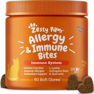 Zesty Paws Cat Allergy Relief - Anti Itch Supplement - Omega 3 Probiotics - Salmon Oil Digestive Health - Soft Chews for Skin & Seasonal Allergies - with Epicor Pets - Bacon - 60 Count