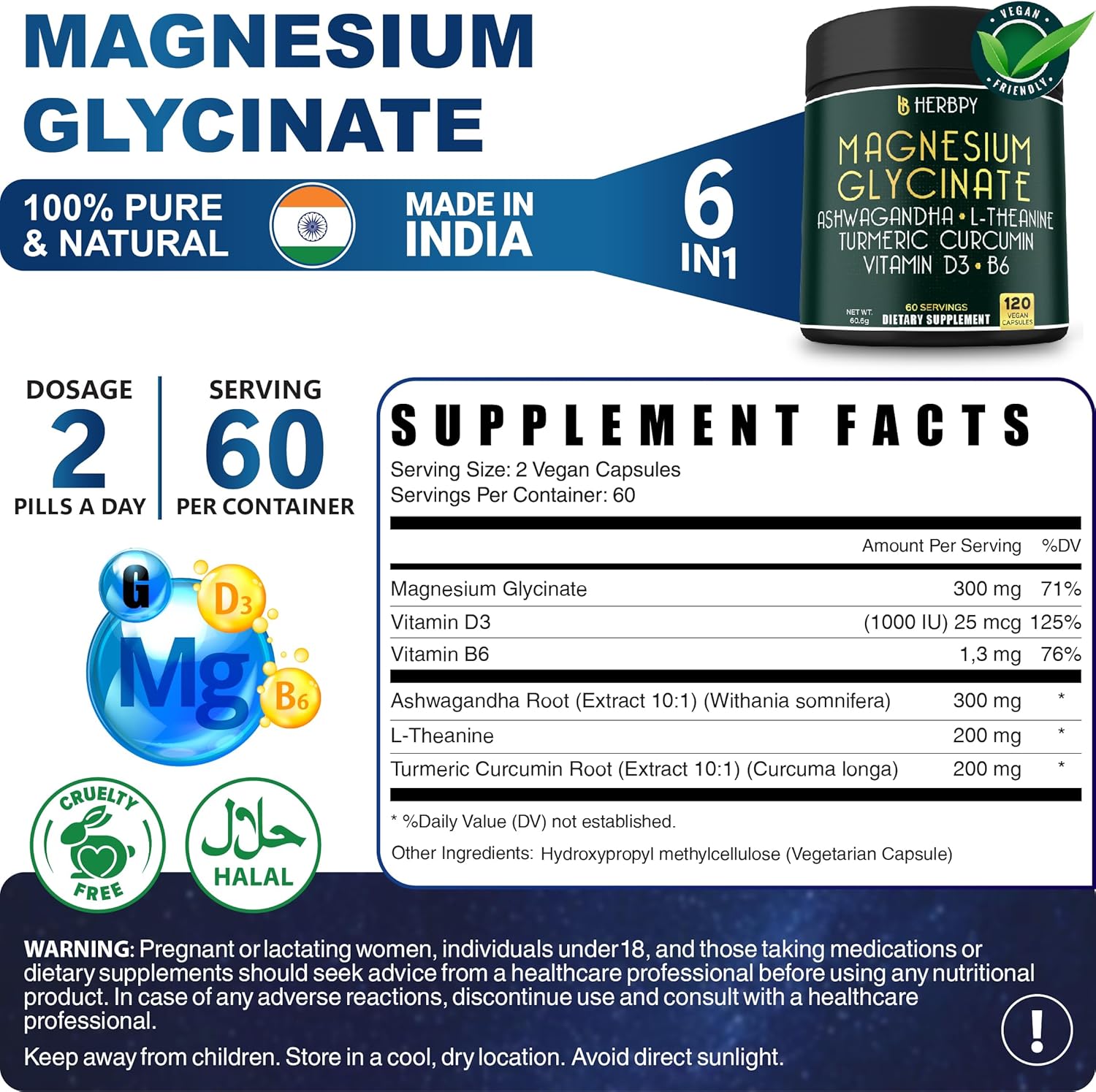 Herbpy 6in1 Restful Day and Night Supplement with Magnesium Glycinate, Vitamin D3, B6, L-Theanine, Ashwagandha and Turmeric Root - Brain, Heart and Digestive Health Support - 120 Vegan Capsules - Image 6
