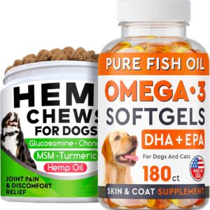 Omega 3 Fish Oil Pills + All-Natural Hemp Chews w/ Glucosamine for Dogs Bundle - Skin&Coat Supplement to Reduce Shedding, Itching + Advanced Hip&Joint Supplement to Improve Mobility, Joint Pain Relief