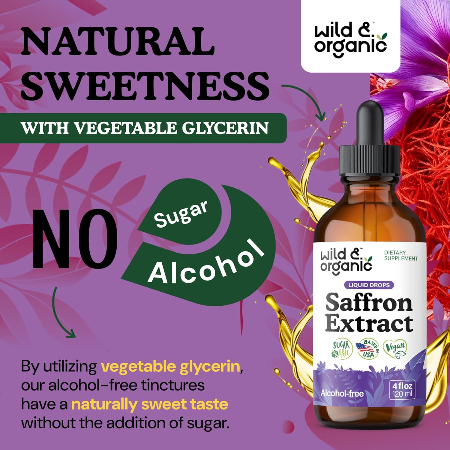Wild & Organic Saffron Supplements 88.5 mg - Mood, Focus & Eye Support - Saffron Extract Liquid Drops - Add to Tea - 5-Month Supply - Crocus Sativus Herb - Vegan, Sugar & Alcohol-Free Tincture - 4 oz - Image 6