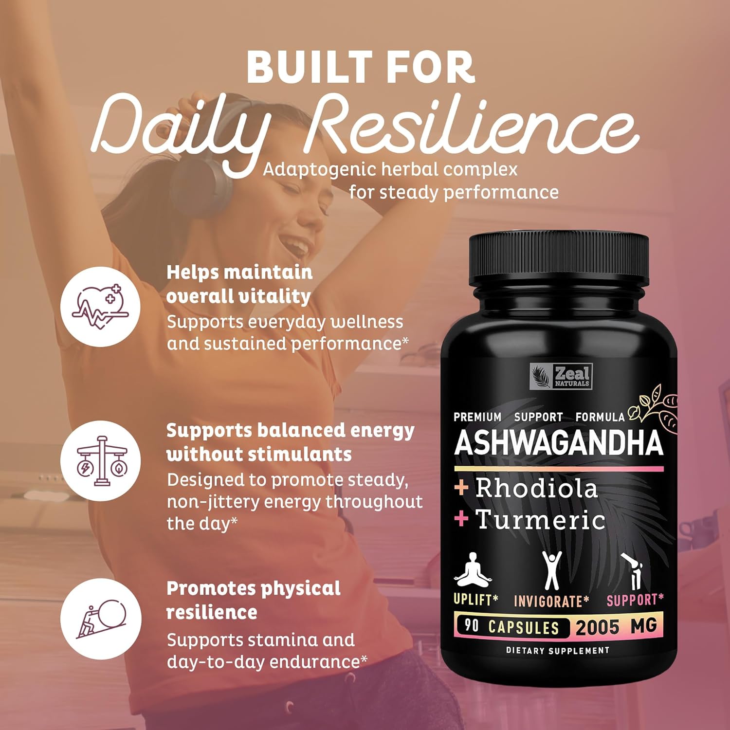 Zeal Organic Adaptogenic Ashwagandha Complex | 2005mg, 90 Capsules | Organic Ashwagandha Root Powder + Rhodiola Rosea + Turmeric | 3-in-1 Stress Relief, Energy & Joint Support Supplement - Image 6
