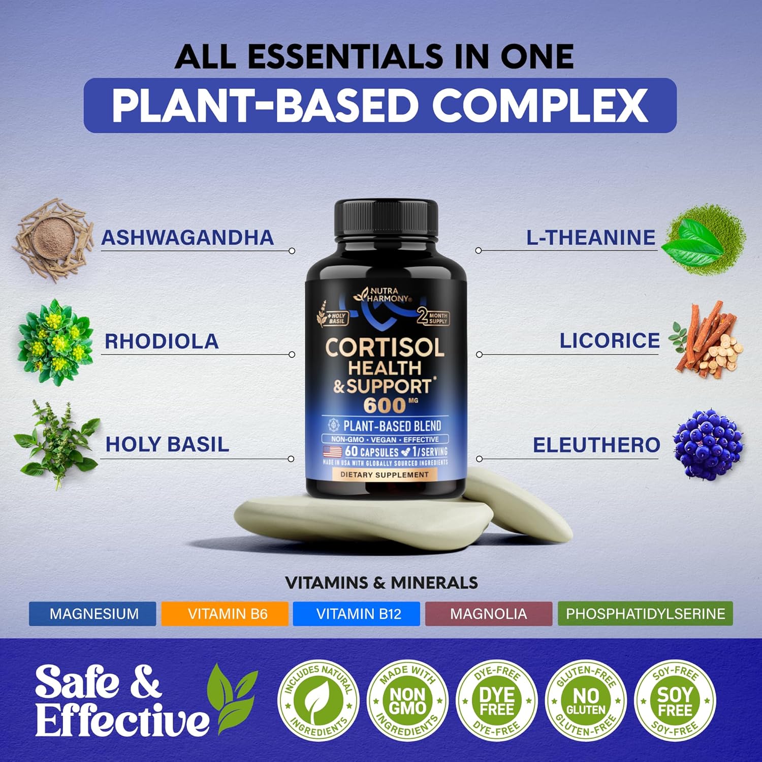 Cortisol Supplement for Women - Holy Basil | Ashwagandha | Rhodiola | L-Theanine - Plant-Based Hormone Balance - Mood, Focus & Sleep Support - Made in USA - Vegan, Non-GMO - 60 Capsules for 2 Months - Image 5