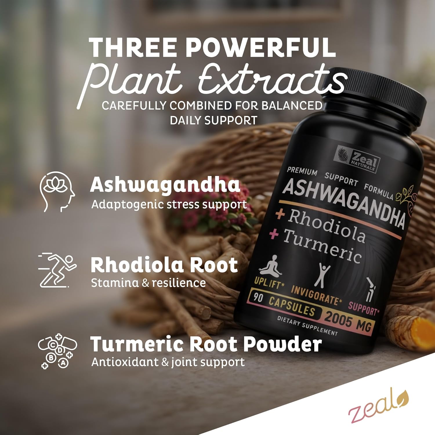 Zeal Organic Adaptogenic Ashwagandha Complex | 2005mg, 90 Capsules | Organic Ashwagandha Root Powder + Rhodiola Rosea + Turmeric | 3-in-1 Stress Relief, Energy & Joint Support Supplement - Image 3