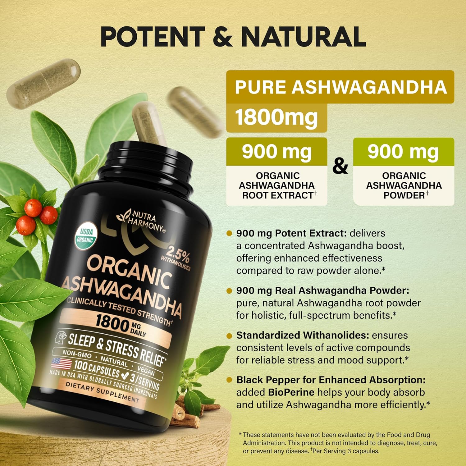 Ashwagandha Supplements 1800mg - USDA Organic Ashwagandha for Women & Men - Clinically Effective Strength for Stress Relief & Sleep - Powder & Root Extract 2.5% Withanolides - Made in USA 100 Capsules - Image 6