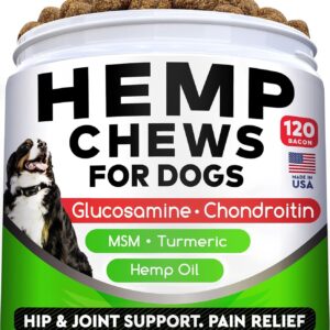 Hemp Chews for Dogs - Glucosamine Chondroitin for Dogs Joint Pain Relief with Hemp Oil, Hip & Joint Supplement Dogs, MSM Turmeric for Dogs Mobility, Dog Joint Supplement, Hemp Dog Treats Joints Health