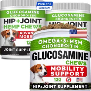 Glucosamine + Hemp Hip & Joint Care Treats Bundle - Joint Supplement w/Omega-3 Fish Oil + Advanced Mobility - Chondroitin, MSM + Omega 3 - w/Hemp Oil - Bacon + Chicken Flavor - 360 Chews - Made in USA