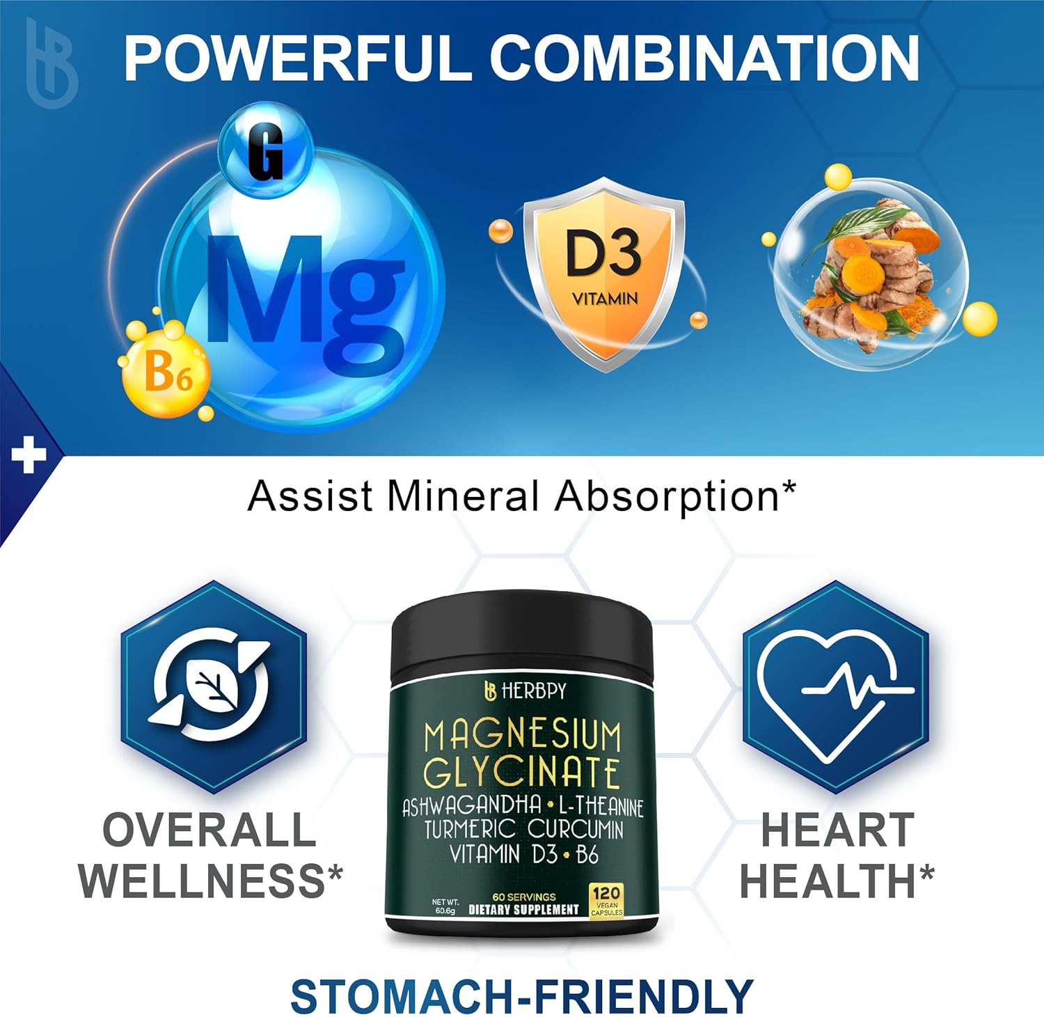 Herbpy 6in1 Restful Day and Night Supplement with Magnesium Glycinate, Vitamin D3, B6, L-Theanine, Ashwagandha and Turmeric Root - Brain, Heart and Digestive Health Support - 120 Vegan Capsules - Image 4