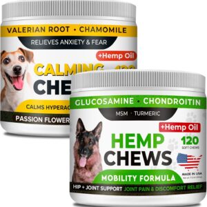 Hemp Calming + Hemp Glucosamine Chews for Dogs Bundle - Anxiety + Joint Pain Relief - Hemp Oil + Omega 3, Chondroitin, MSM - Dog Training & Behavior Aid + Hip & Joint Care - 240 Chews - US Made