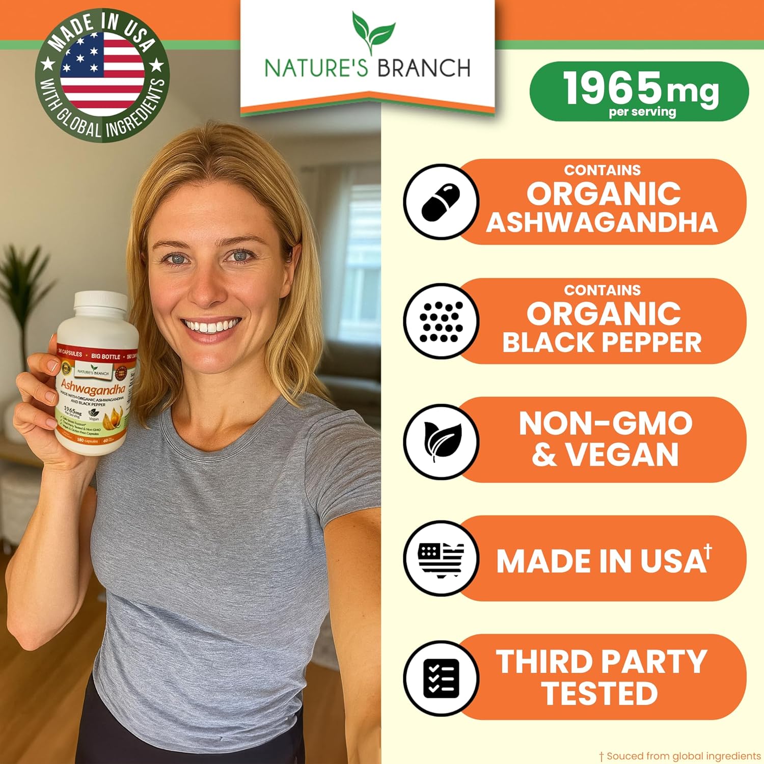 UDAF Certified Organic Ashwagandha with Black Pepper, 1965mg - Extra Strength for Stress, Sleep, Mood, Thyroid, Energy, Hair, Vegan Pure Root Extract Powder Supplement for Men and Women | 180 Capsules - Image 2