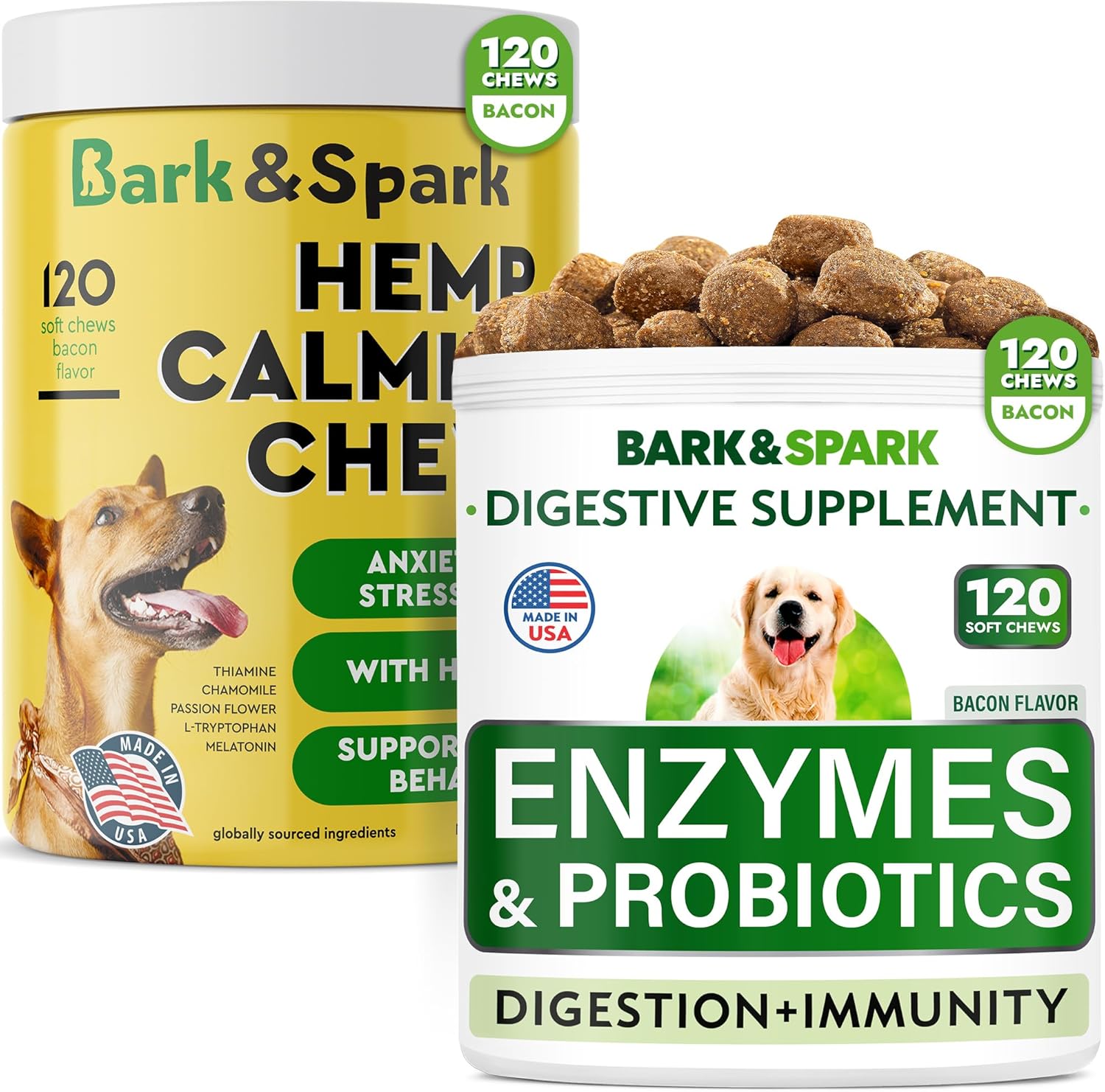 Probiotics + Calming Hemp Treats for Dogs Bundle - Gas, Diarrhea, Allergy + Anxiety Relief - Enzymes + Prebiotics + Hemp Oil - Improve Digestion + Stress Relief - 120 + 120 Chews - Made in USA