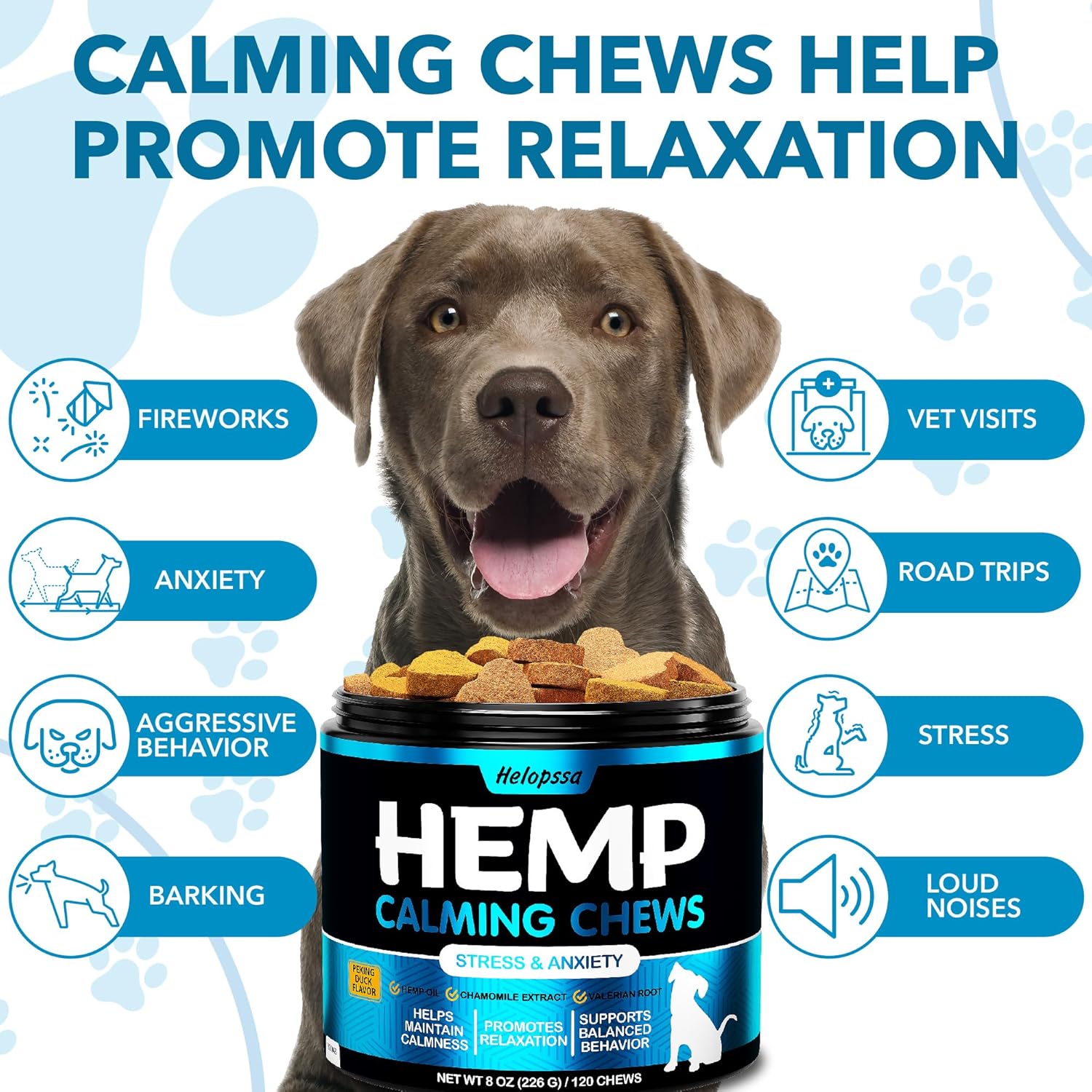 Hemp Calming Chews for Dogs with Anxiety and Stress - Anxiety Relief Chews for Storms, Fireworks, Thunder, Barking, Separation - Valerian, L-Tryptophan, Hemp Oil - Peking Duck- 120 Dog Calming Treats - Image 2
