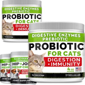8oz Probiotics Powder + 240ct Hemp Glucosamine Joint Supplement Bundle - Relieves Diarrhea + Joint Pain Relief - Digestive Enzymes + Prebiotics + Omega 3, Hemp Oil + Chondroitin, MSM - Made in USA