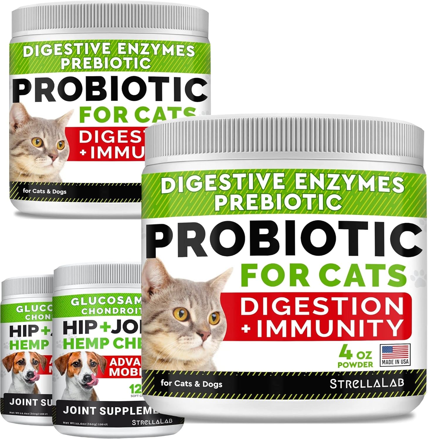 8oz Probiotics Powder + 240ct Hemp Glucosamine Joint Supplement Bundle - Relieves Diarrhea + Joint Pain Relief - Digestive Enzymes + Prebiotics + Omega 3, Hemp Oil + Chondroitin, MSM - Made in USA