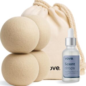 Vove Natural Hemp Dryer Balls Kit with Scent Drops - 4 Pack & Essential Oil Blend - 5X More Absorbent Than Wool - Natural Softener, Reduces Wrinkles and Static, Customizable Fresh Scent, Reusable