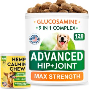 Glucosamine Dog Treats + Calming Hemp Treats Bundle - Senior Advanced Joint Health + Anxiety Relief - Chondroitin, Omega-3 + Hemp Oil - Hip & Joint Care + Stress Relief - 120 + 120 Chews - Made in USA