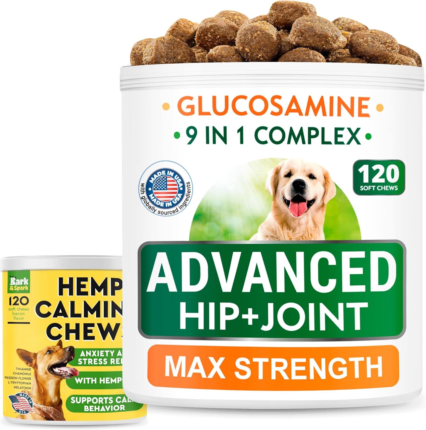 Glucosamine Dog Treats + Calming Hemp Treats Bundle - Senior Advanced Joint Health + Anxiety Relief - Chondroitin, Omega-3 + Hemp Oil - Hip & Joint Care + Stress Relief - 120 + 120 Chews - Made in USA