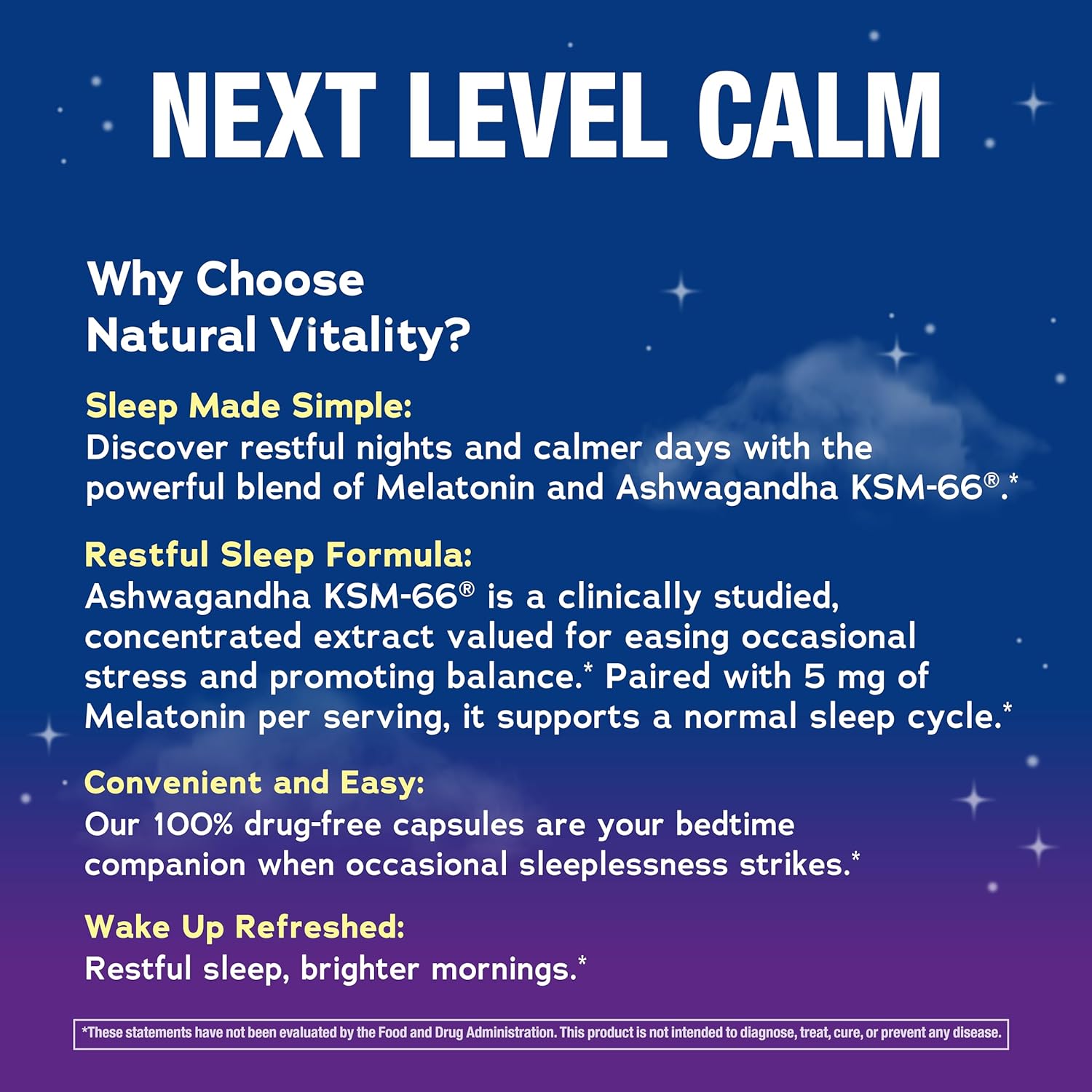 Natural Vitality Calm Sleep Melatonin and Ashwaganda KSM-66 Capsules | 100% Drug Free | 60 Count - Image 7