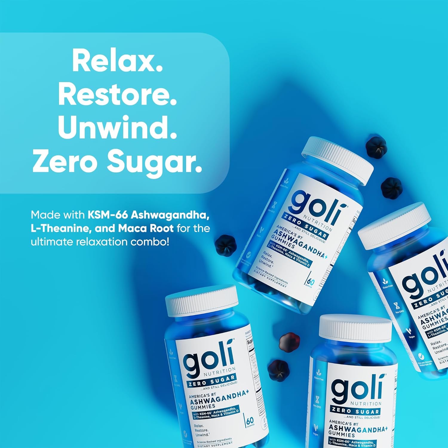 Goli Zero Sugar Ashwagandha & Vitamin D, Maca, L-Theanine Gummies, No Artificial Sweeteners, No Sugar Alcohols. Mixed Berry, KSM-66, Vegan, Plant Based, Non-GMO, Gluten-Free & Gelatin Free. (1) - Image 3