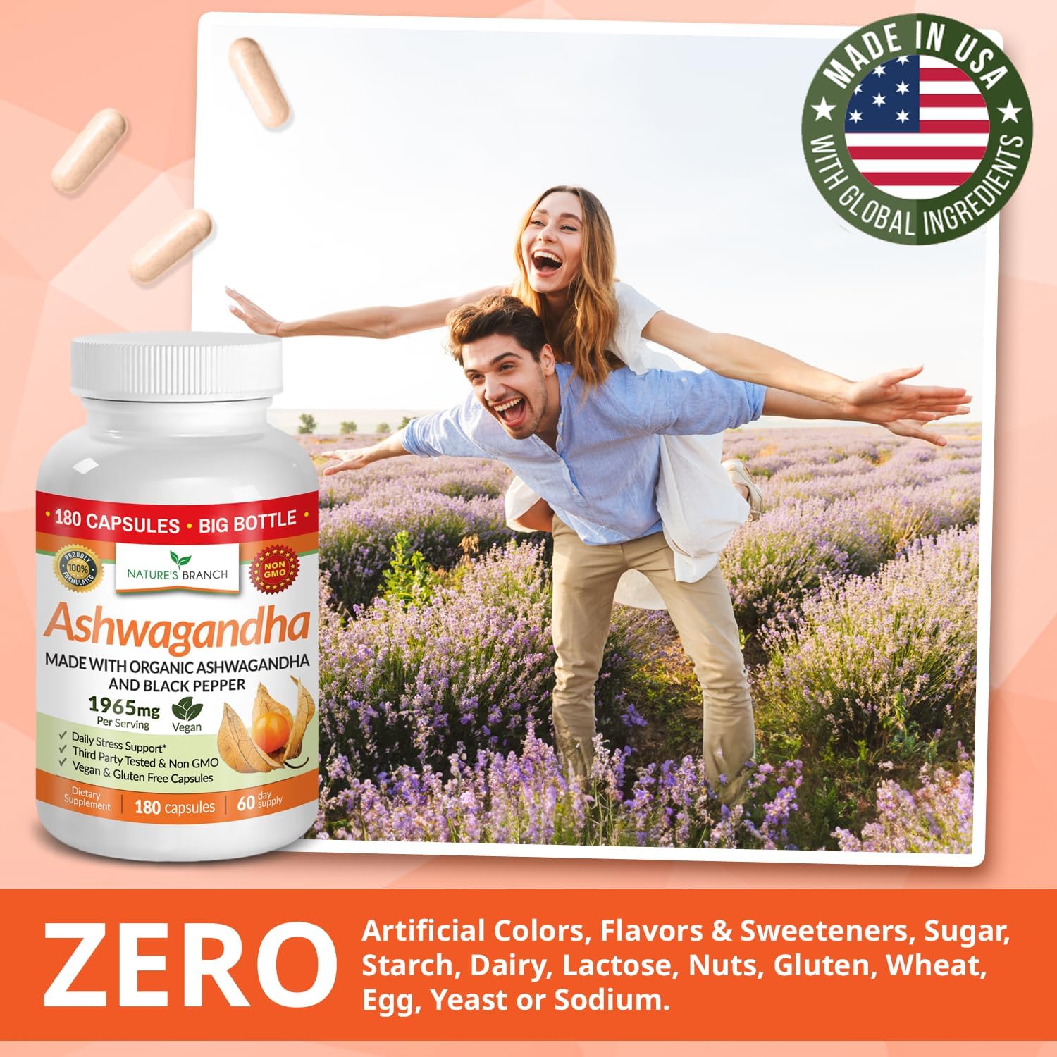 UDAF Certified Organic Ashwagandha with Black Pepper, 1965mg - Extra Strength for Stress, Sleep, Mood, Thyroid, Energy, Hair, Vegan Pure Root Extract Powder Supplement for Men and Women | 180 Capsules - Image 8