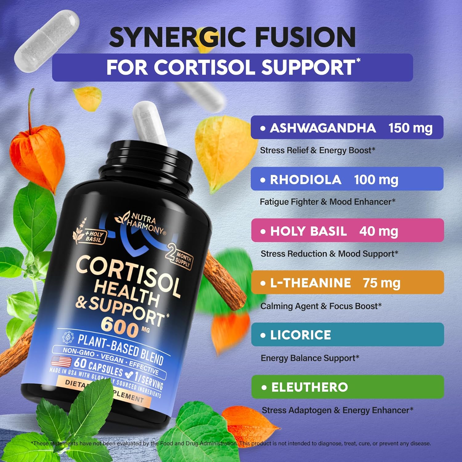 Cortisol Supplement for Women - Holy Basil | Ashwagandha | Rhodiola | L-Theanine - Plant-Based Hormone Balance - Mood, Focus & Sleep Support - Made in USA - Vegan, Non-GMO - 60 Capsules for 2 Months - Image 4