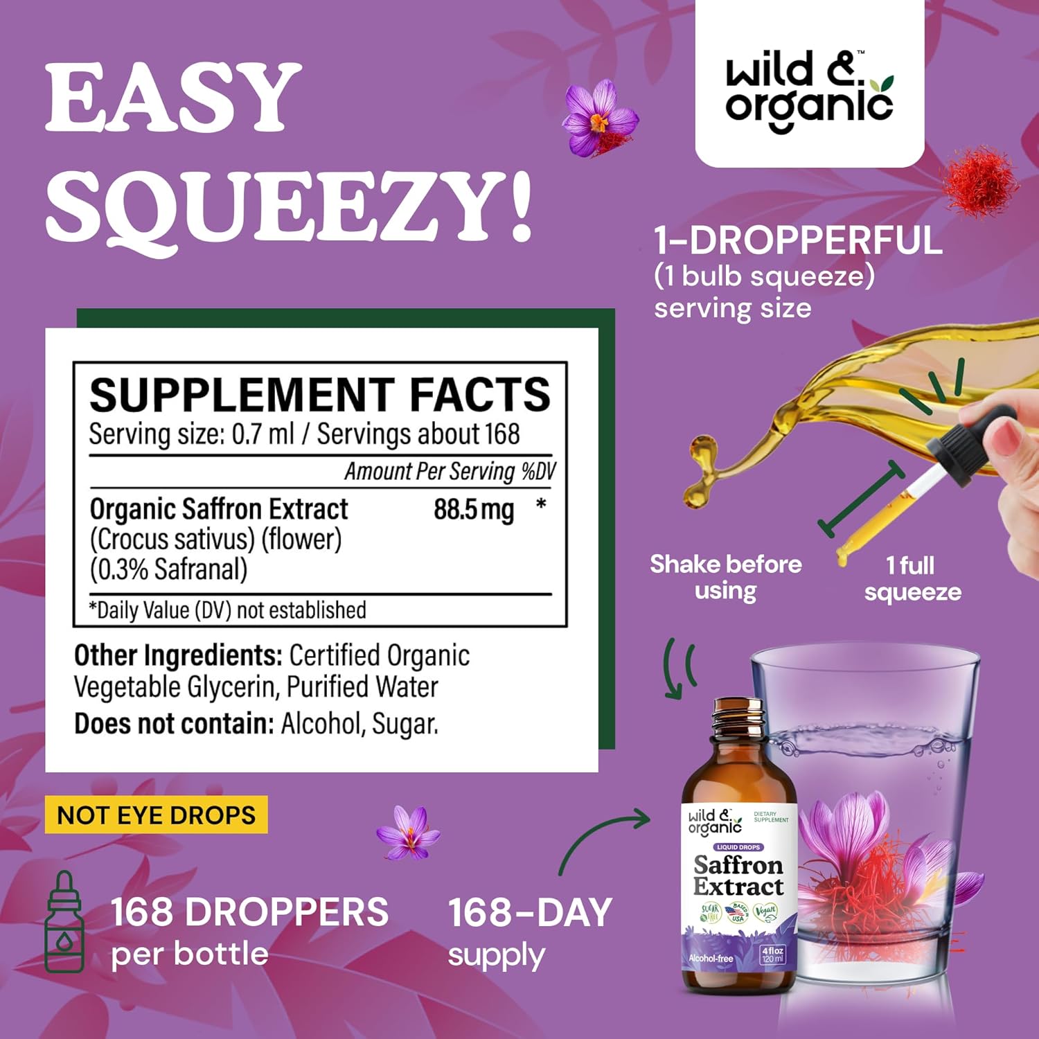 Wild & Organic Saffron Supplements 88.5 mg - Mood, Focus & Eye Support - Saffron Extract Liquid Drops - Add to Tea - 5-Month Supply - Crocus Sativus Herb - Vegan, Sugar & Alcohol-Free Tincture - 4 oz - Image 3