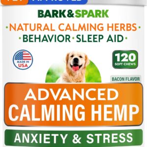 BARK&SPARK Advanced Calming Chews for Dogs - Anxiety Relief Treats - Melatonin + Hemp Oil - Separation Aid - Stress Relief During Fireworks, Storms, Thunder - Aggressive Behavior - BBQ (120ct)