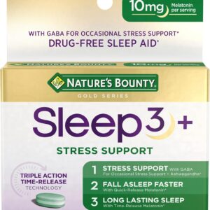 Nature's Bounty Sleep + Stress Support, Sleep3 Maximum Strength 100% Drug Free Sleep Aid, Dietary Supplement with Ashwagandha, Time Release Technology, 10mg, 28 Tri-Layered Tablets