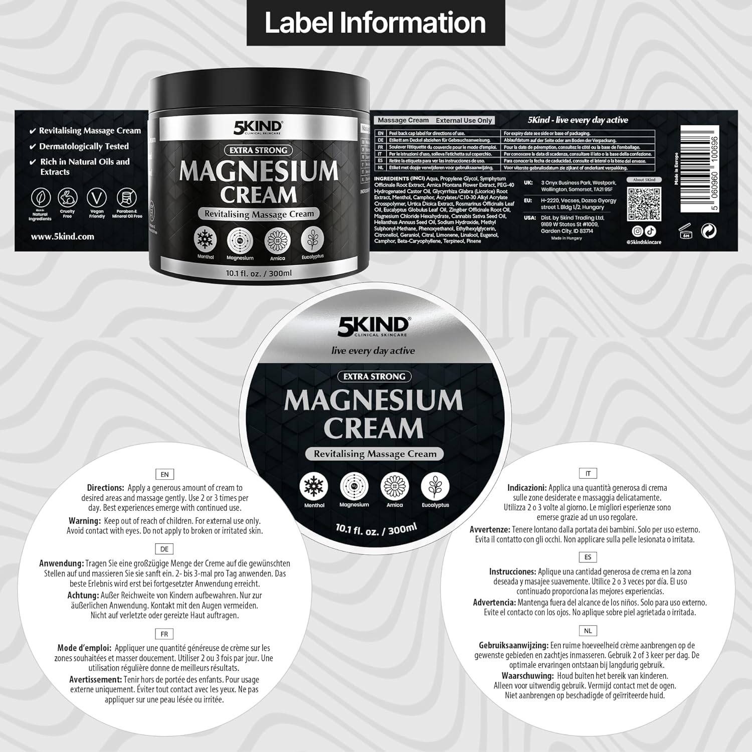 5Kind Extra Strong Magnesium Cream 10.1 fl oz - Neuropathy Nerve Relief Cream - Lotion for Restless Legs - Magnesium Rub Infused with Arnica, Eucalyptus, Comfrey, Menthol & Hemp Oil - Image 12