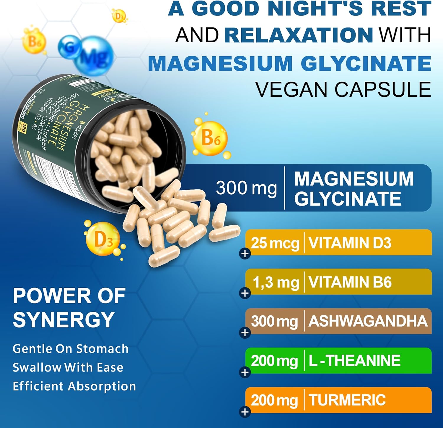 Herbpy 6in1 Restful Day and Night Supplement with Magnesium Glycinate, Vitamin D3, B6, L-Theanine, Ashwagandha and Turmeric Root - Brain, Heart and Digestive Health Support - 120 Vegan Capsules - Image 2