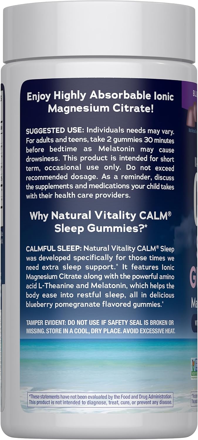 Natural Vitality SLEEP Gummies, Magnesium Supplement With Melatonin and L-Theanine, Vegan, Gluten Free, Helps the Body Ease Into Sleep, Blueberry Pomegranate 120 Count - Image 3